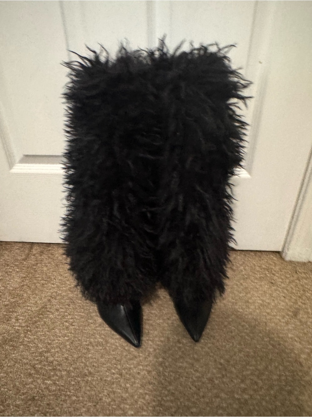 Fashion Nova Black Faux Fur Pointed-Toe Mid-Calf Heeled Boots